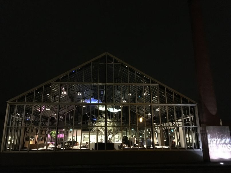De Kas greenhouse restaurant at night
