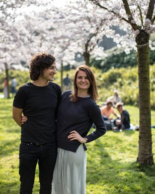 Stevie and Belinda under the cherry blossoms in Amsterdam